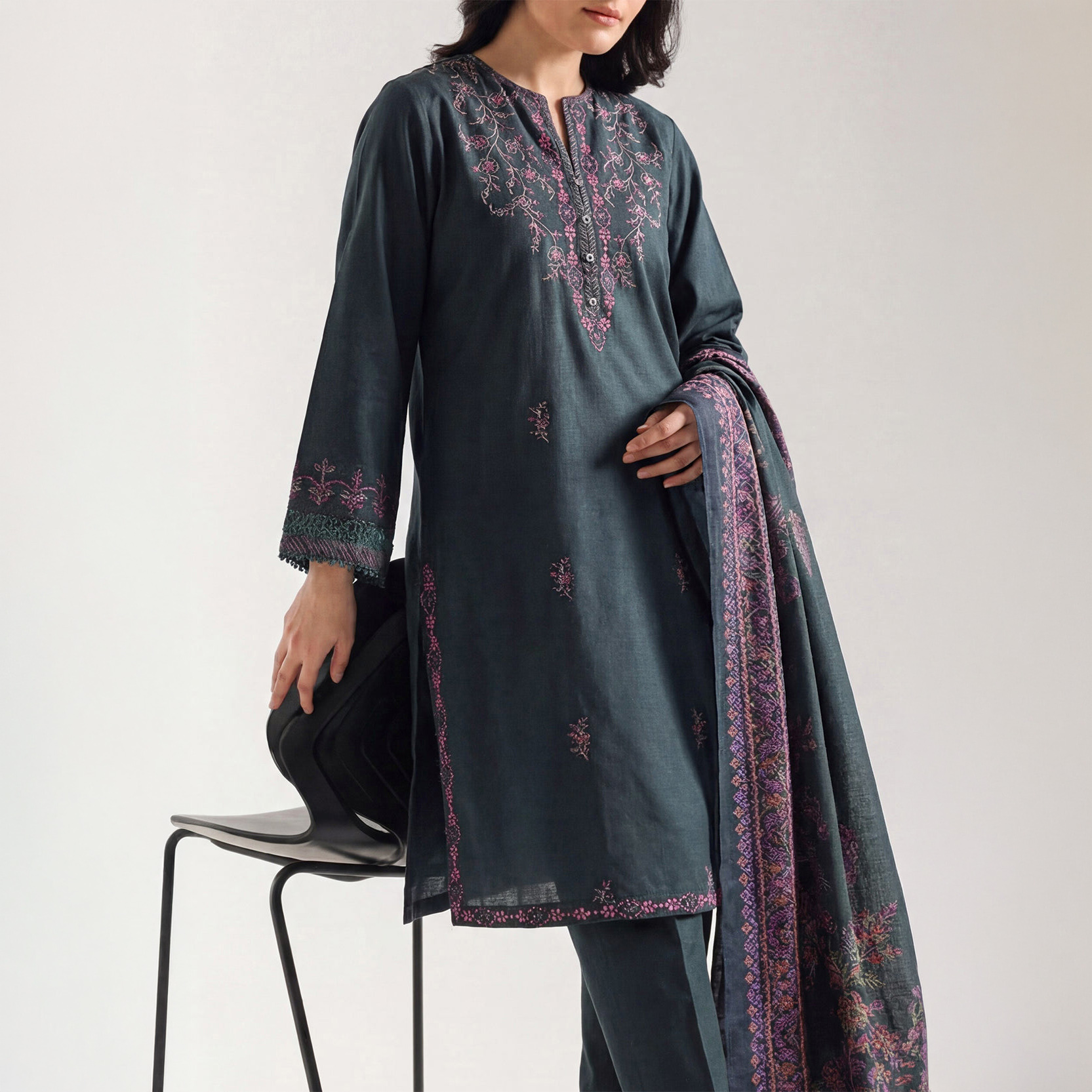 Saya Solid Embroidered Khaddar Stitched 3 Piece For Women - RTW / Stitched / Pret / Pret For Women - Dress For Girls - Afsana Pret - Winter 2026