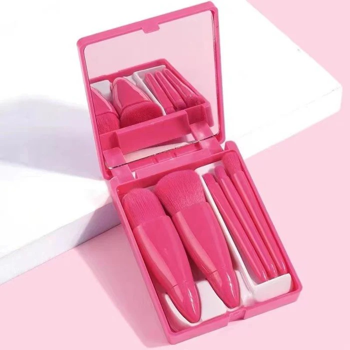 5 Pcs Makeup Brush Set with Mirror – 5 Pcs Soft Travel Brushes for Face, Eyes & Lips (Portable Compact Case) Multicolor
