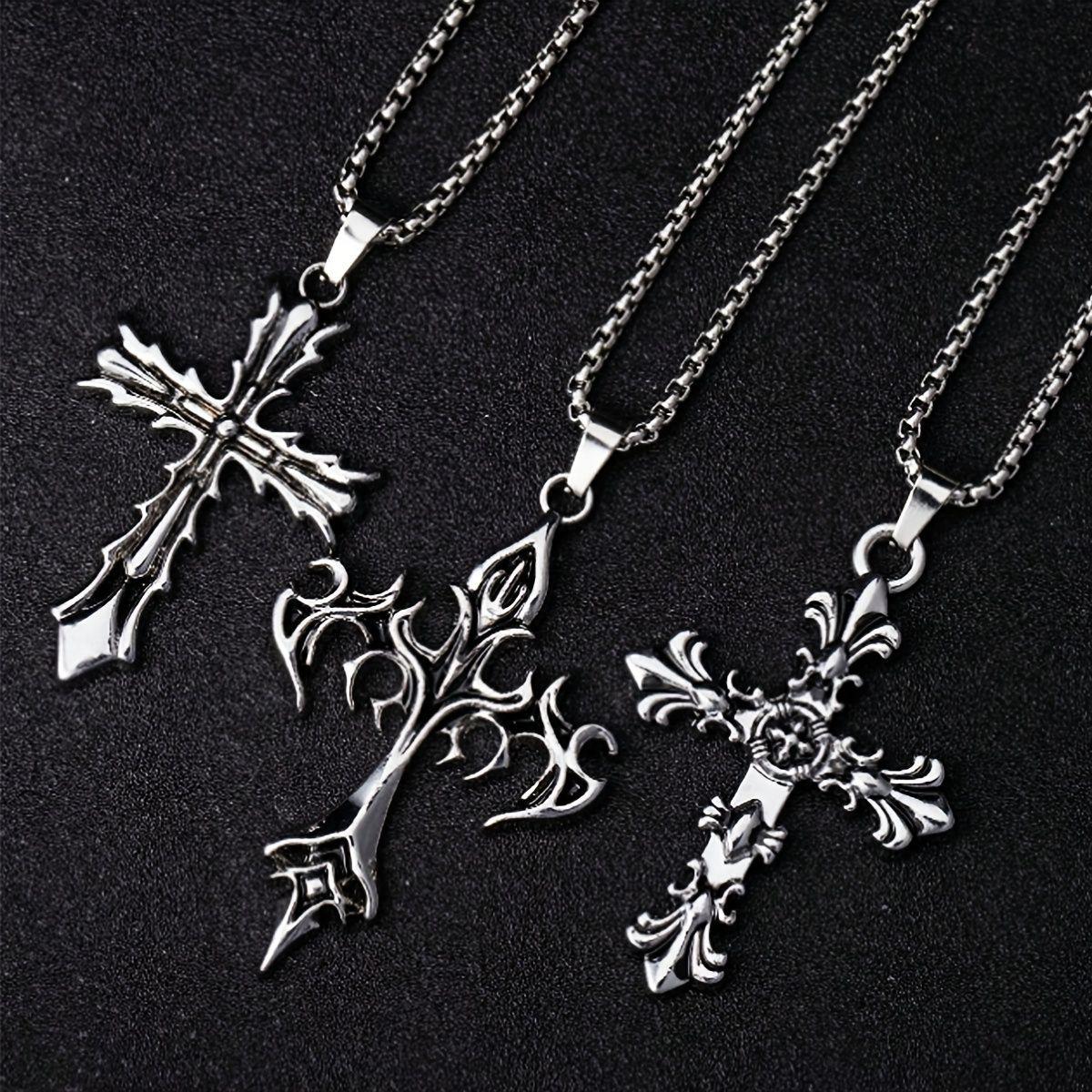 Gothic Vintage Carved Cross Pendant Necklace Set Silver Tone Box Chain Necklaces for Men Women Punk Streetwear
