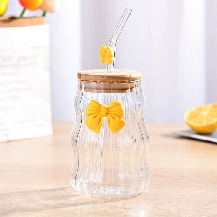 Wavy Bow Glass Tumbler with Bamboo Lid