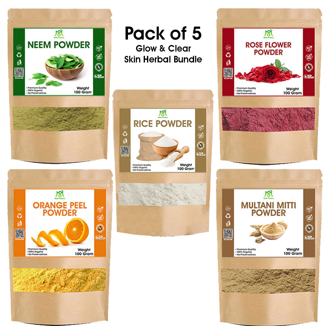 Skin Care Powder Pack of 5 | Orange Peel, Neem, Rose, Multani Mitti & Rice Powder
