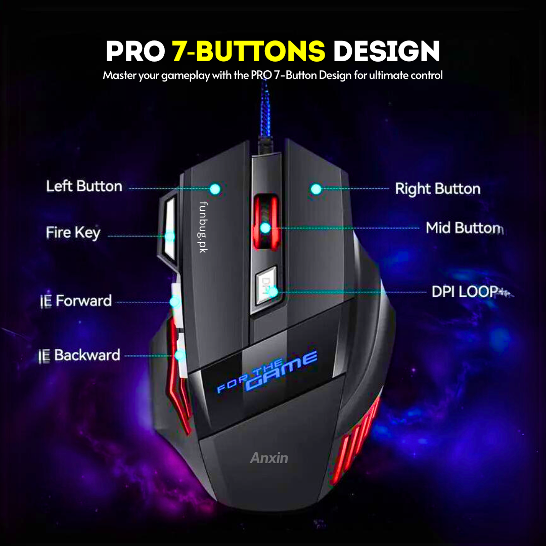 FunBug 7 Buttons Sports Mechanical Wired Gaming Mouse RGB with 4-Levels DPI Control - 7 Light Wired USB Optical Mouse with Side Buttons - Mouse with Pad for PC, Laptop, Computer, Gaming, Pubg Mobile