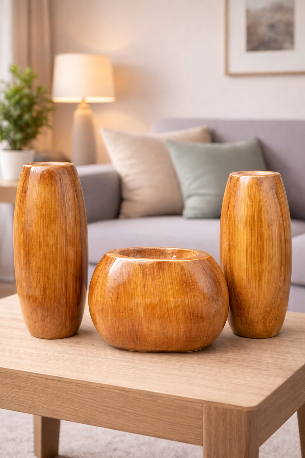 Vases For Home Decoration Items Perfect For Living Room or bedroom apartment Three polished wooden vases—two tall cylindrical and one rounded bowl‑shaped—sit on a light coffee table, showcasing a warm honey‑brown grain. The arrangement adds a natural, mod