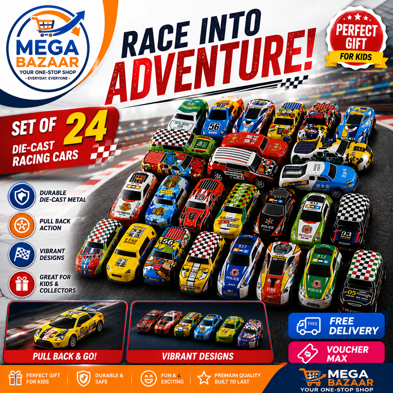 24 Pack Mini Diecast Metal Sports Car Model Toy Collection - Friction Powered Pull Back Racing Vehicles Set with Storage Organizer Box - Kids Gift Playset