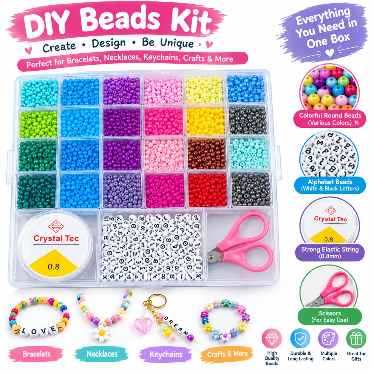 DIY Jewelry Making Beads Kit with Organizer Box | Colorful Seed Beads, Alphabet & Letter Beads with Scissors | Bracelet Necklace Making Craft Kit