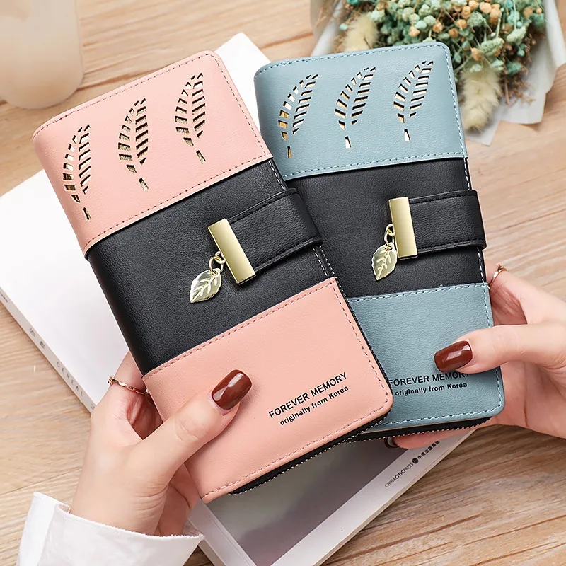 Fashion Leaf pendant Womens long Wallets Female pu zipper coin Purse  Hasp money clutch