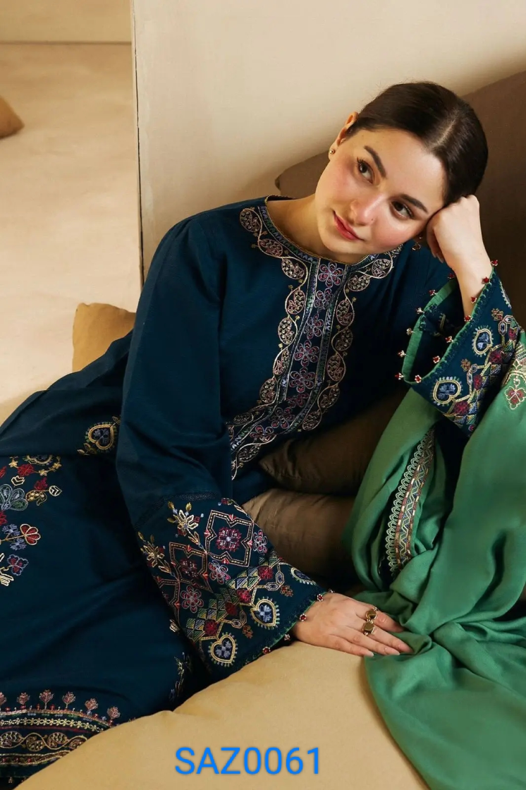 3 Piece / Three Piece Women's Embroidered Dhanak Suit | Embroidered Shirt, Trouser & Dhanak Dupatta | Ladies Winter Dress