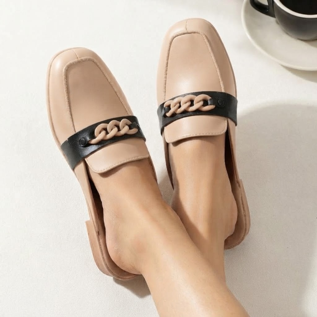 AMERICANS Women's Tan Vegan Nylon Slip-On Mule Loafers with Multicolors Chain-Link Accent - Comfortable Flat Backless Loafers for Casual Wear