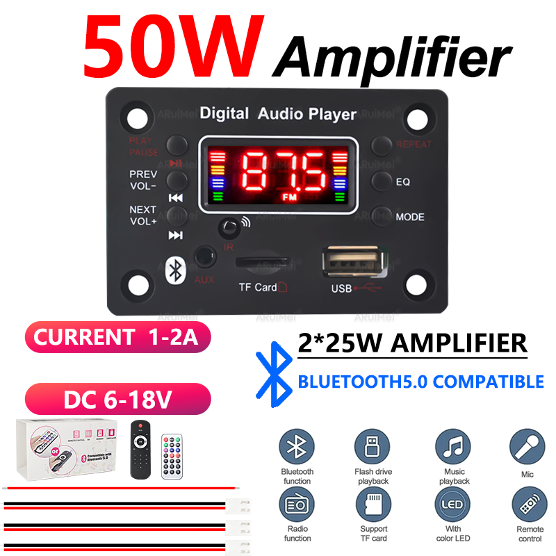 2x25W 50W Bluetooth Audio Amplifier Complete Kit with Aluminum Case, Remote Control Color Box, DC 6-18V for Car Home DIY Speaker