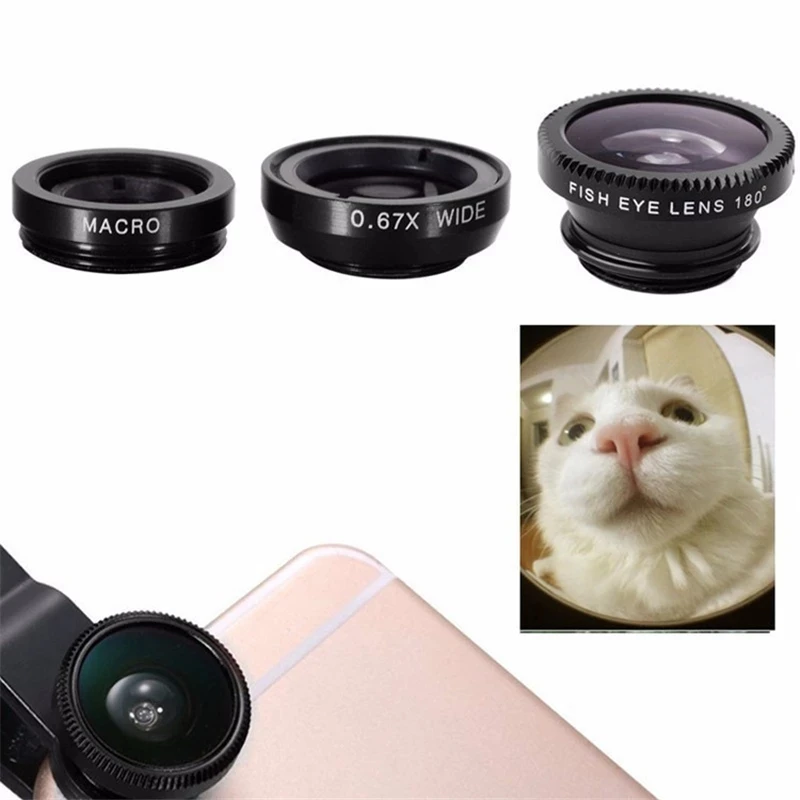 3in1 Fisheye Wide Angle Micro Camera Lens for iPhone  Redmi 3in1 Zoom Fish Eye Len on Smartphone Lenses with Phone Clip