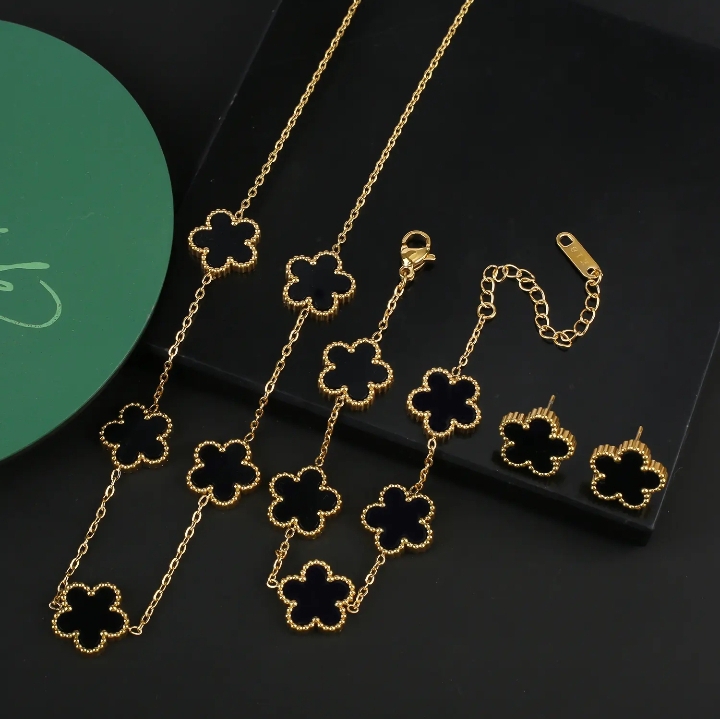 four leaf clover set.3 pcs set earrings, bracelet, necklace pendant necklace vintage jewellery trending fashion korean style jewellery imported jewellery for girls and women.