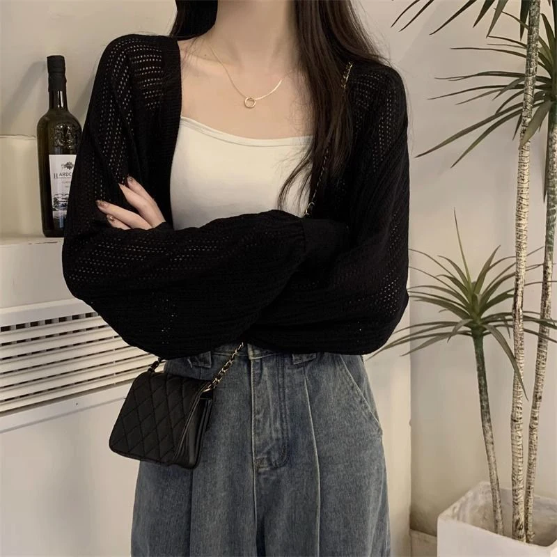 Fashion Hollow Out Sunscreen Cardigan Women Lantern Sleeve Thin Short Knitted Cardigans Woman Elegant Simple Crop Smock Top