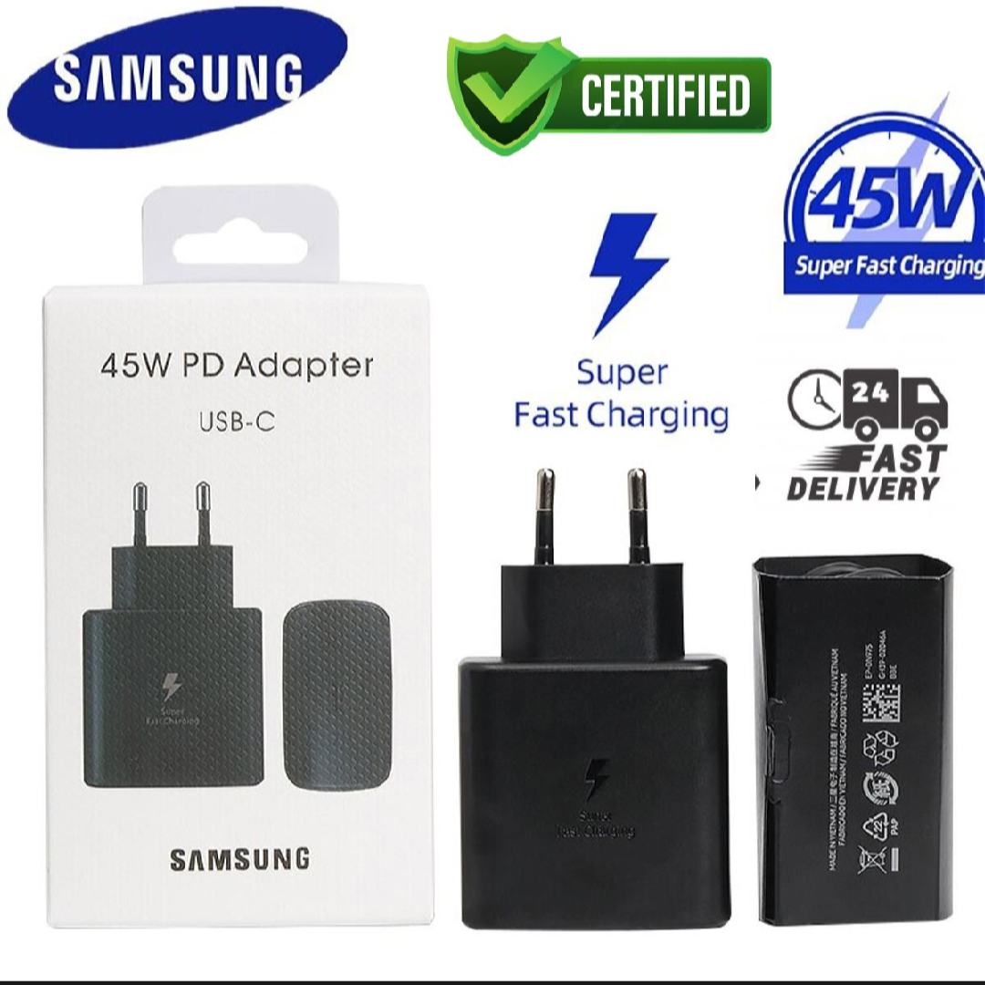 Original 45W Samsung Super Fast PD Charger USB Type-C For Galaxy S24,S23,S22 ,S21,S20 , Ultra S10,S9....,Note 10,Note 20+ _Quick Super Fast PD Adapter & Type C Cable _ Also Support All Android Phones Google pixels
