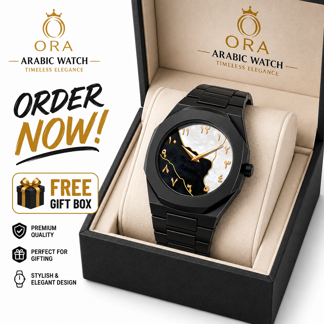ORA Arabic Marble Dial Watch for Men & Women | Premium Stainless Steel Wrist Watch | FREE Luxury Gift Box | Elegant Fashion Watch | Perfect Gift