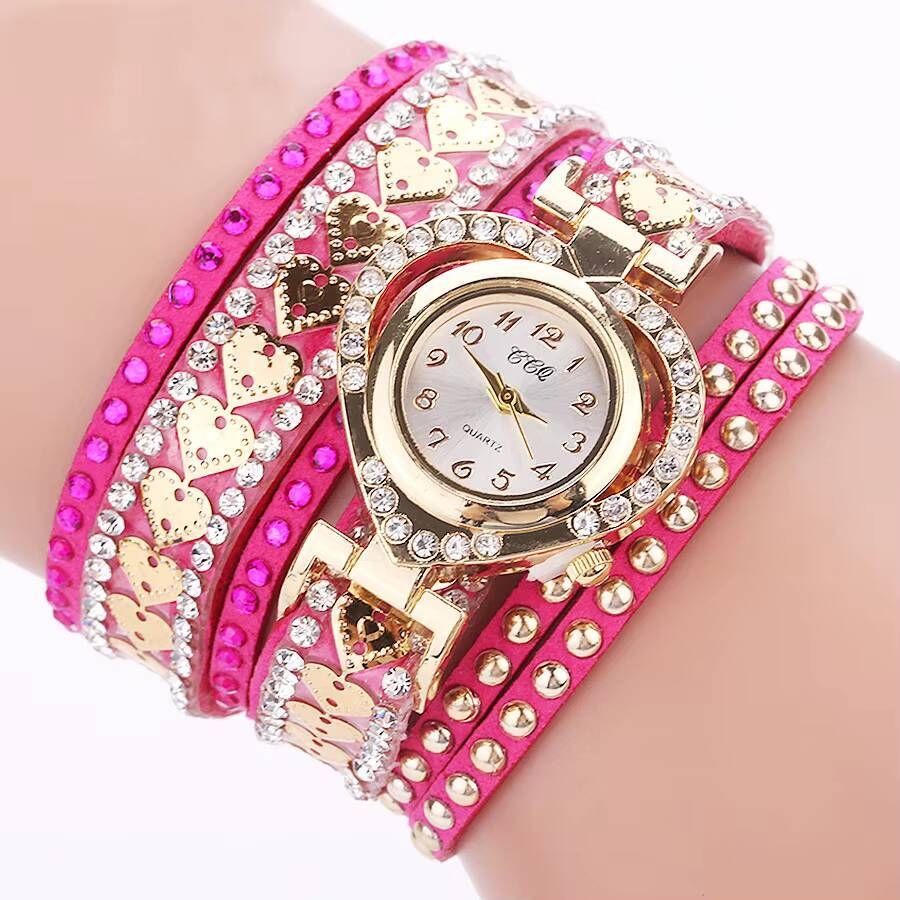 Fashion Rhinestone Heart Dial Women Watches Long Leather Strap Bracelet Wristwatch Reloj Mujer Girls Clock