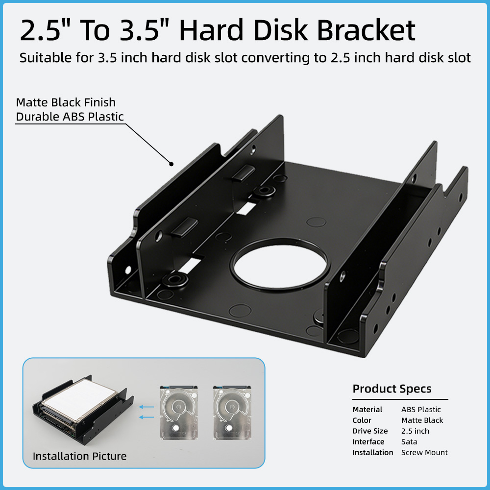 2.5" to 3.5" SSD HDD Mounting Bracket ABS Hard Drive Bay Adapter Tray for Computer Hardware Upgrade