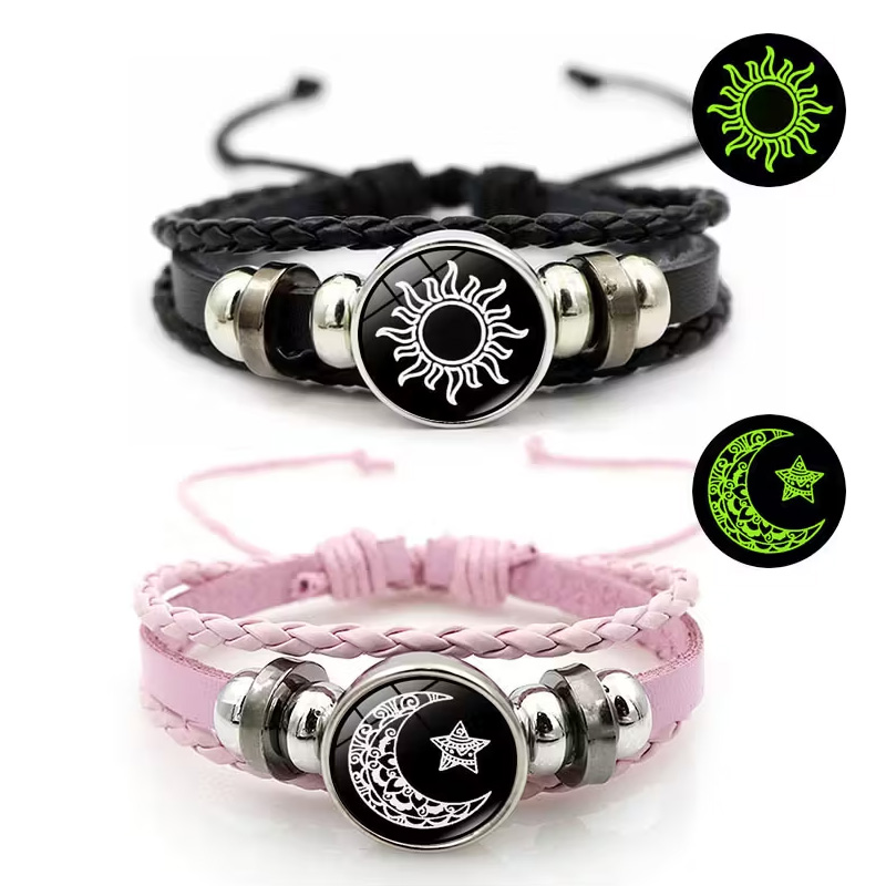 2Pcs Luminous Couple Bracelets Sun Moon Adjustable Black Braided Bracelet Friendship Fashion Romantic Jewelry Birthday 