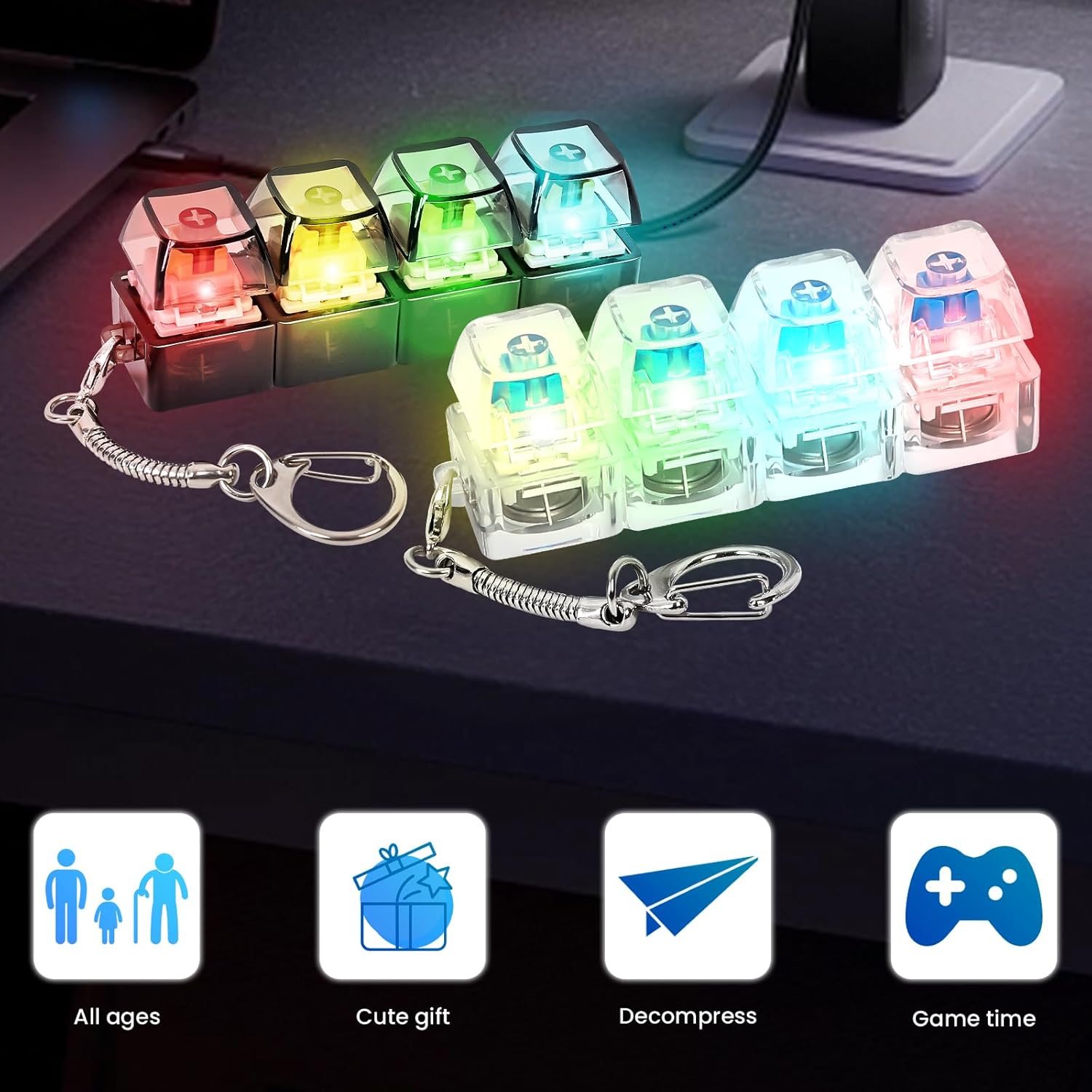 4 Keys Keyboard Fidget Toys LED Crystal Keycap Keychain Stress Relief Fingertip Gadget Decompression Toys Clicker Fidget Toy