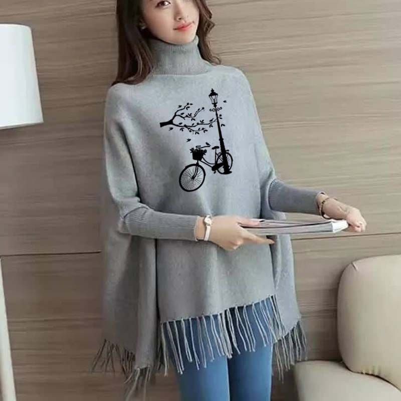Cycle Printed Bat Wing Style Winter Poncho For women