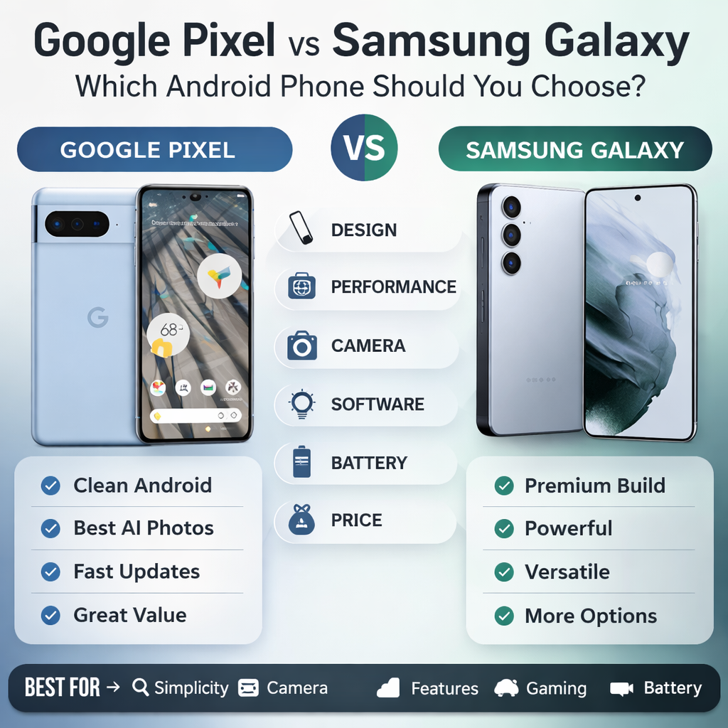 Google Pixel vs Samsung Galaxy comparison showing design performance camera and software differences between Android smartphones
