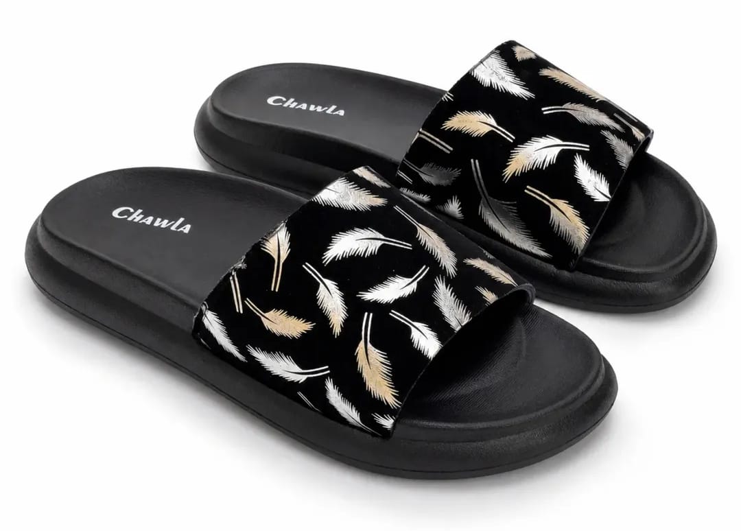Ladies Fashion Chappal Black Stylish Colorful Feather Print Slippers Comfortable Soft Sole Lightweight Non Slip Slides for Women Daily Casual Wear