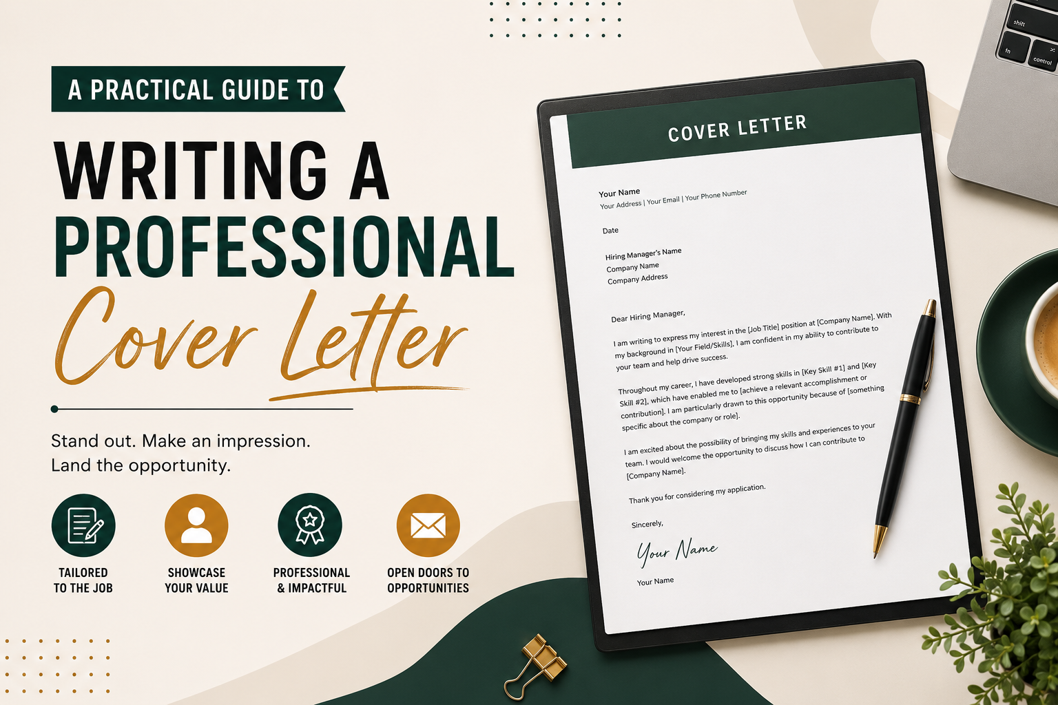 Cover letter writing guide with key benefits: tailored to the job, showcase your value, professional and impactful, open doors to opportunities. Includes sample cover letter structure and placeholders.