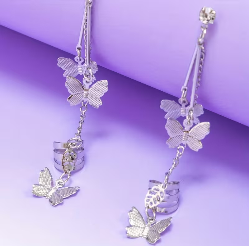 Pair of (2 Pcs) Silver plated Long Chain Butterfly Design Ear Cuffs Earrings for Women and Girls