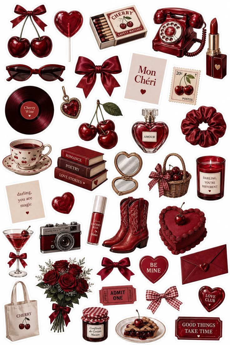 25/50PCS Red Cherry Coquette Vintage Aesthetic Waterproof Vinyl Stickers For Laptop Phone Journal Scrapbook DIY Decor
