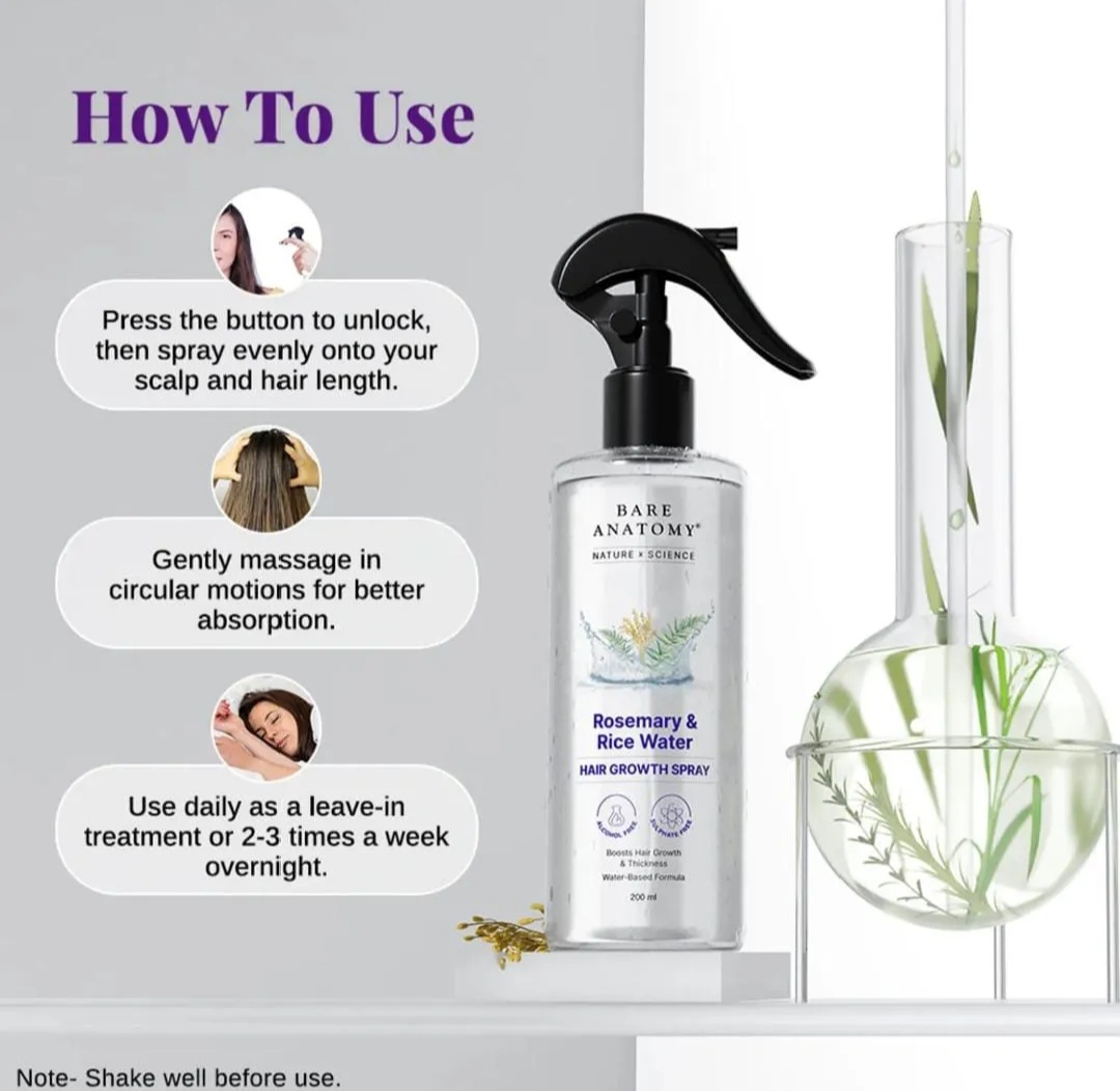Rosemary Water Spray for Hair Growth & Hair Fall Control - 200ml | Rice Water Hair Serum for Stronger Hair | Natural Hair Tonic for Men & Women