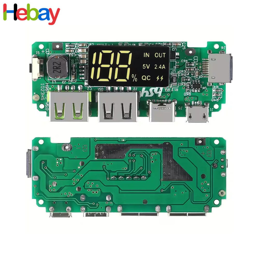 DIY Power Bank PCB Module 5V 2.4A Fast Charging Board with LED Battery Display, USB-A, Type-C, Micro USB & Lightning Input for 18650 Lithium Battery |