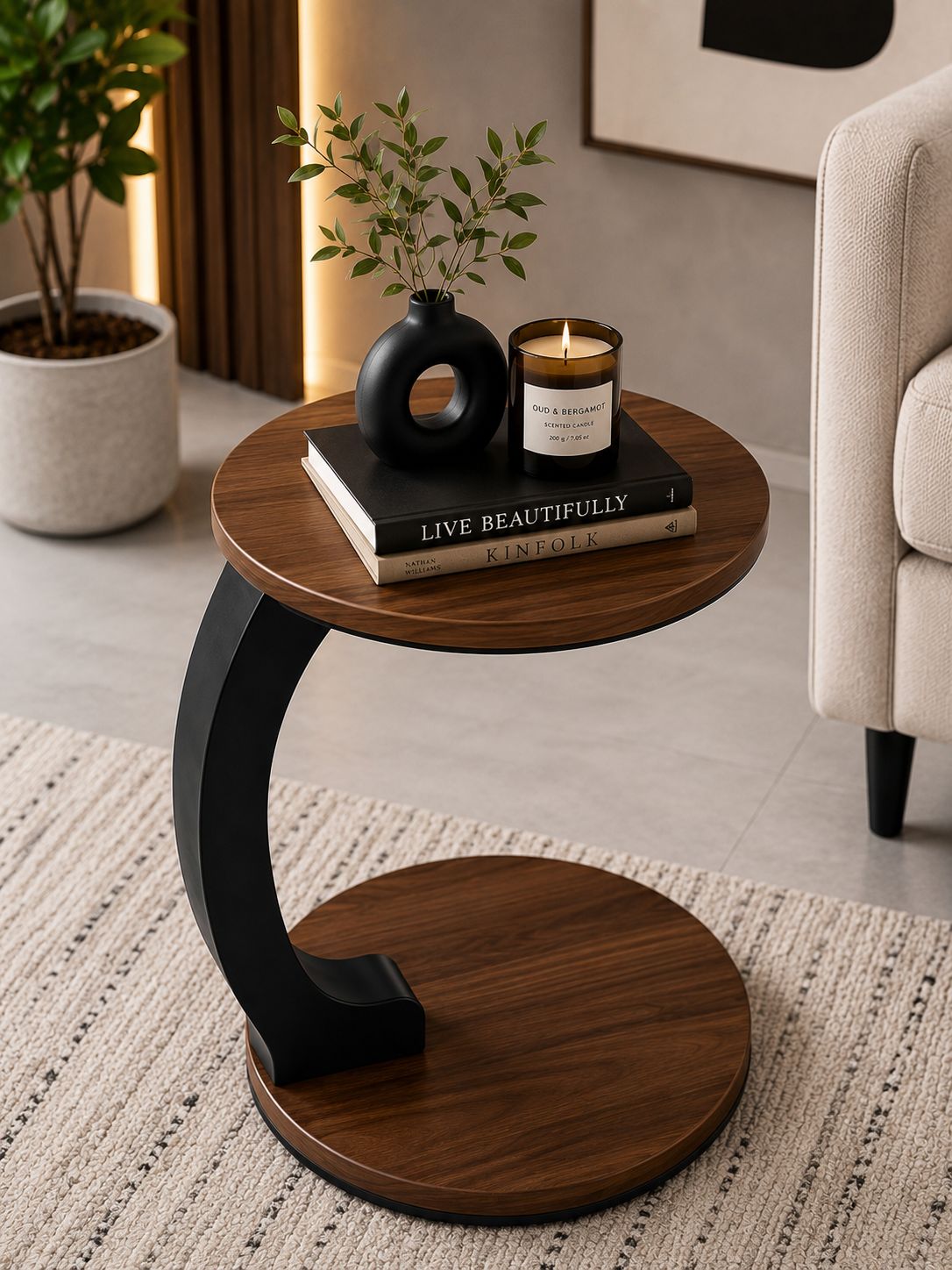 Premium Wooden C Shape Side Table
Modern C-Shaped Wooden End Table