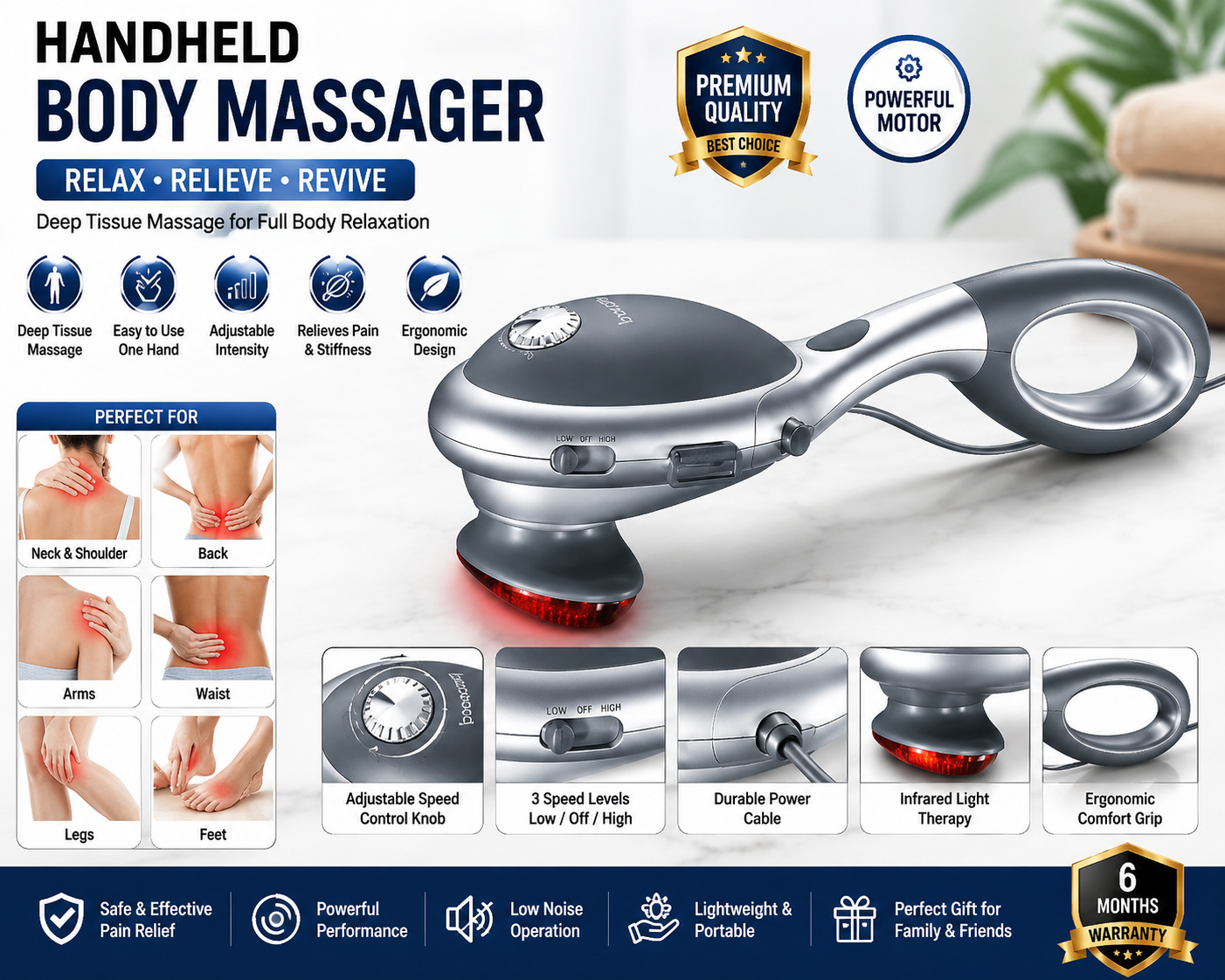 Beurer MG 70 Infrared Body Massager | Handheld Electric Percussion Massager with Infrared Heat | Deep Massage Device for Back, Neck, Shoulders, Arms & Legs | Silver