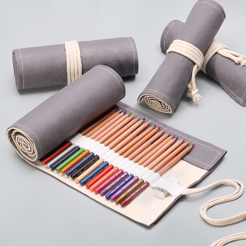 Canvas Pencil Roll Case,12/24/36/48/72 Holes Pen Wrap Organizer,Portable Artist Pencil Pouch With Tie Closure,Stationery Bag
