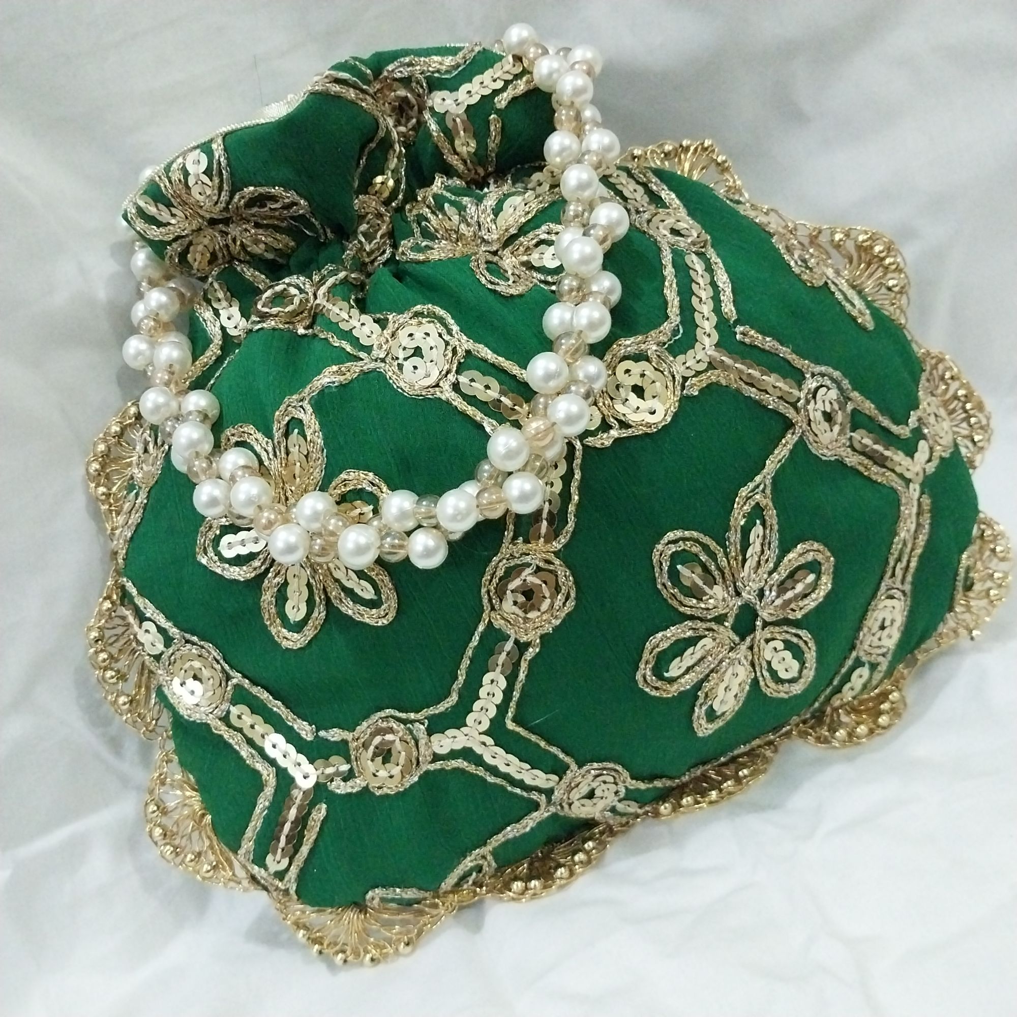 Embroidered Potli Clutch Bag with Pearl Handle for Party Wear