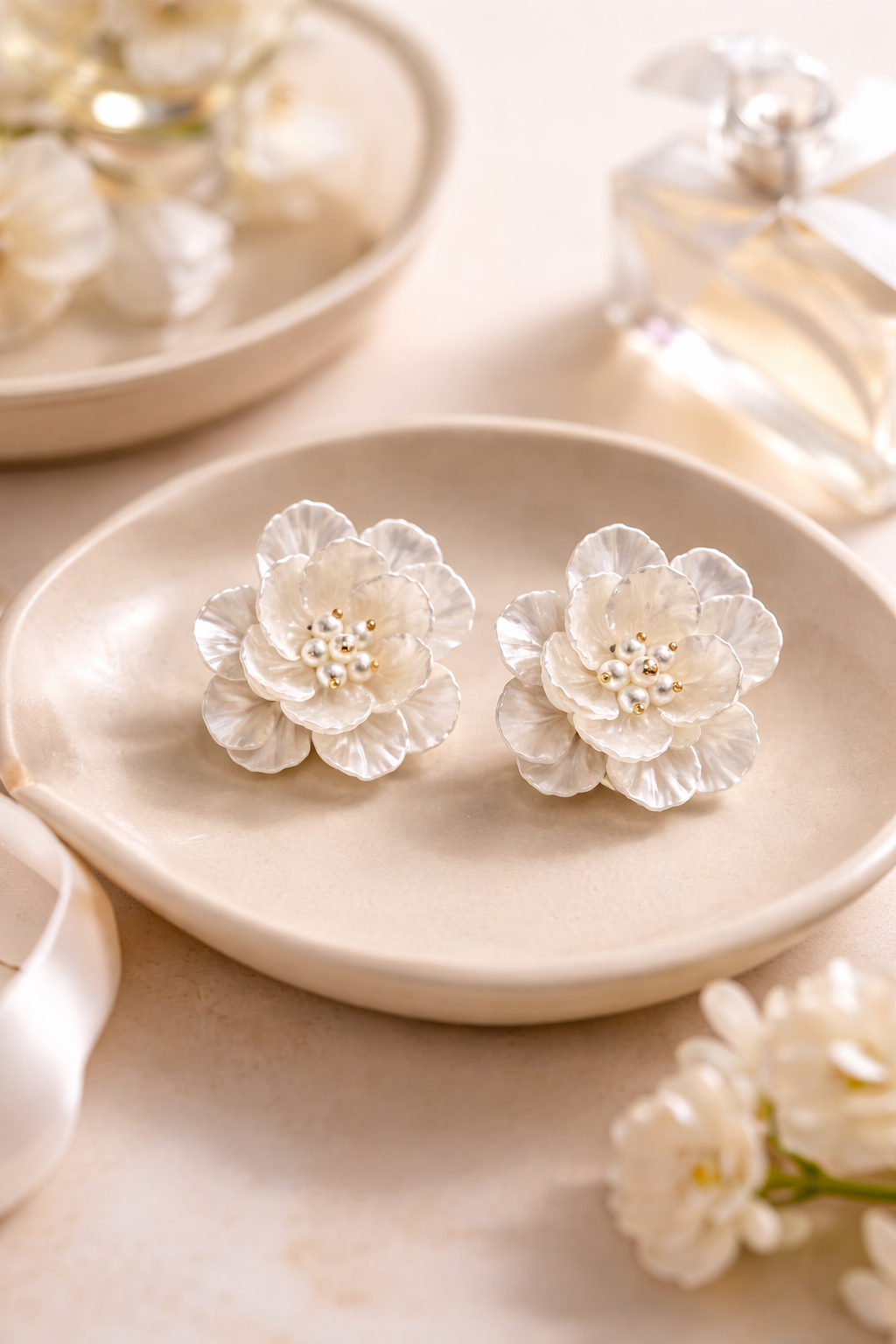 Premium Floral Pearl Stud Earrings - Elegant White Flower Studs for Women - Luxury Minimalist Jewelry - Party Wear Earrings