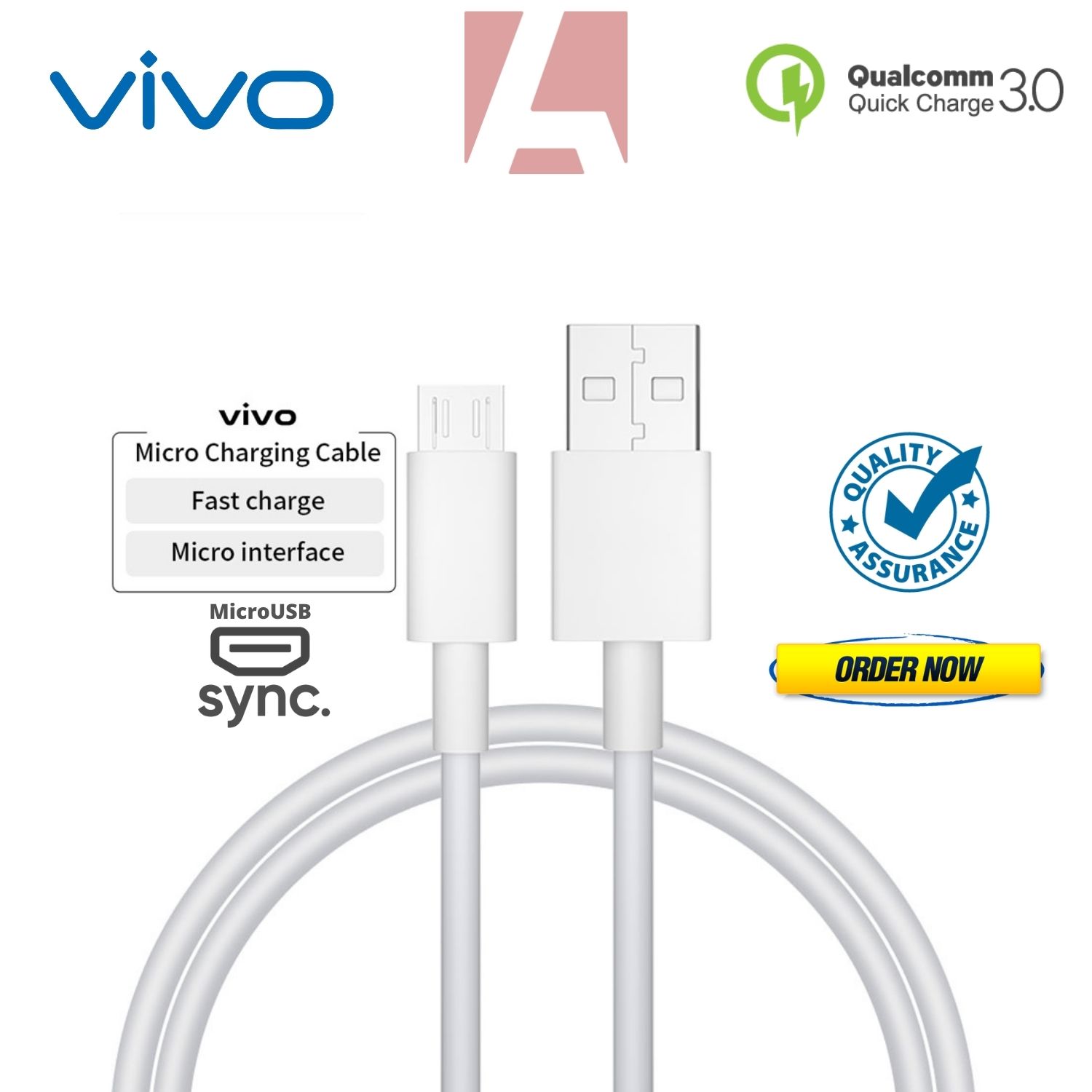 VIVO ORIGINAL CABLE - FAST CHARGING + DATA CABLE - TYPE C AND MICRO USB FOR ALL VIVO MOBILE