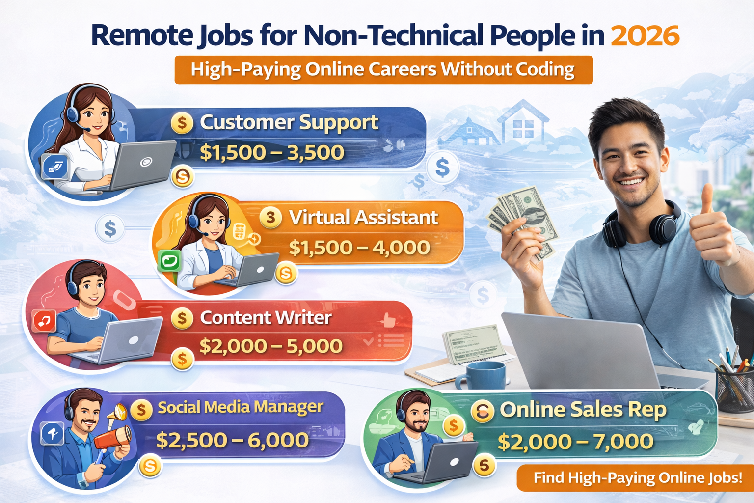 Skillslex list of high paying remote careers in 2026 for non-technical people including virtual assistant digital marketing customer support and online sales roles