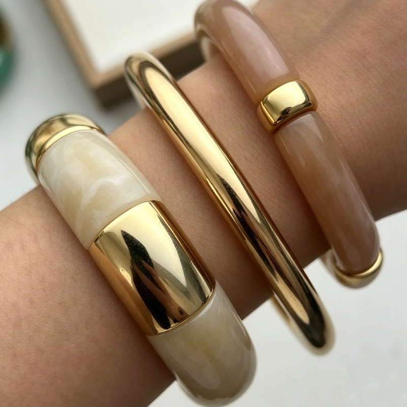 3 Pcs French Bamboo Segment Resin Bangle Set Women Marble Swirl Metal Bracelets Seaside Vacation Stackable Elegant Trendy 