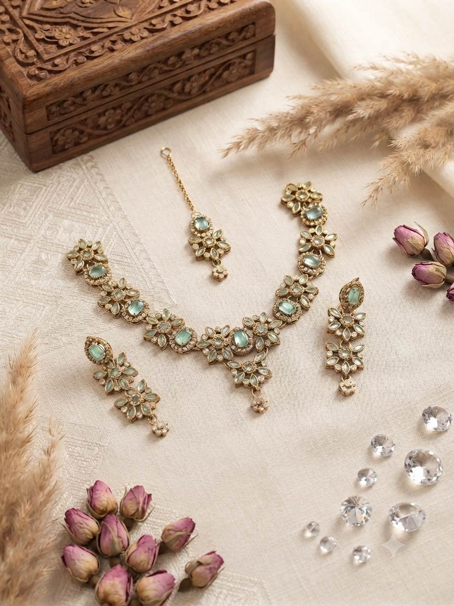 Elegant Floral Design  Stone Necklace Set with Matching Earrings and Tikka | Festive & Bridal Ethnic Jewelry set for girls and women