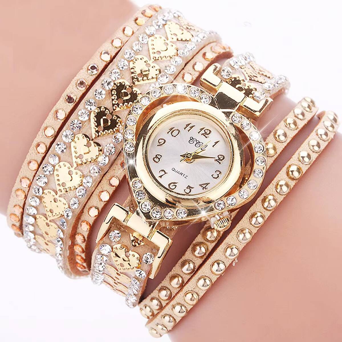 Fashion Rhinestone Heart Dial Women Watches Long Leather Strap Bracelet Wristwatch Reloj Mujer Girls Clock 