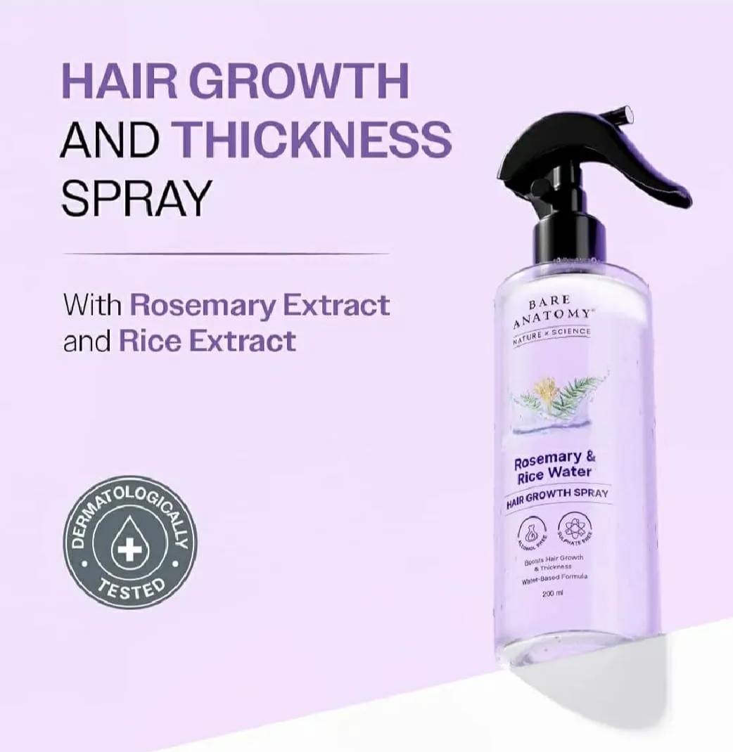 Bare Anatomy Nature x Science Rosemary Water Spray for Hair Growth & Hair Thickness with Rice Water |100% Natural Extract | Soft & Smooth Hair| Controls Hairfall| Non-Greasy & Fast Absorbing