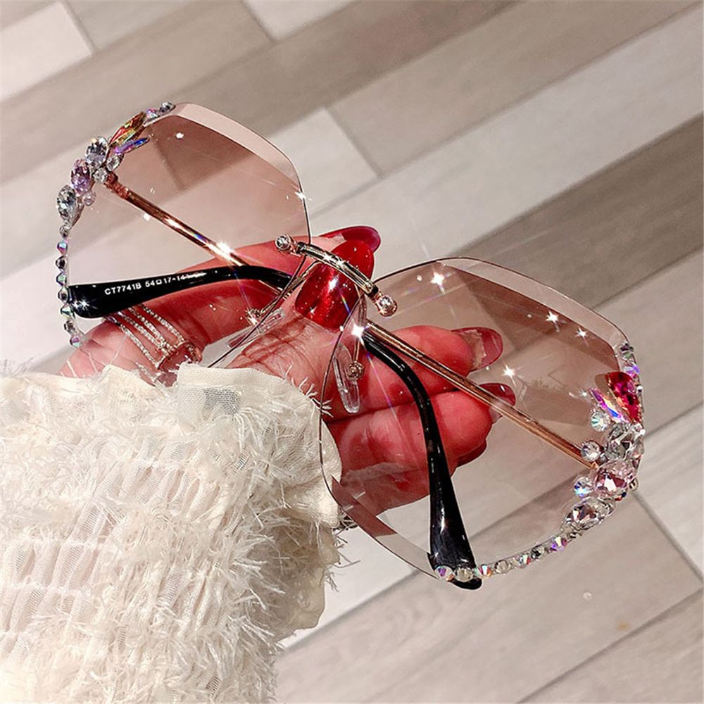 Vintage Cutting Lens UV400 Rhinestone Sunglasses Women Sun Glasses Rimless Sunglasses Gradient Rimless Sunglasses