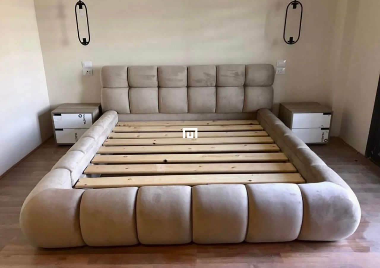 Denim Fully Tufted Cushion King Size Bed with 2 Side Tables