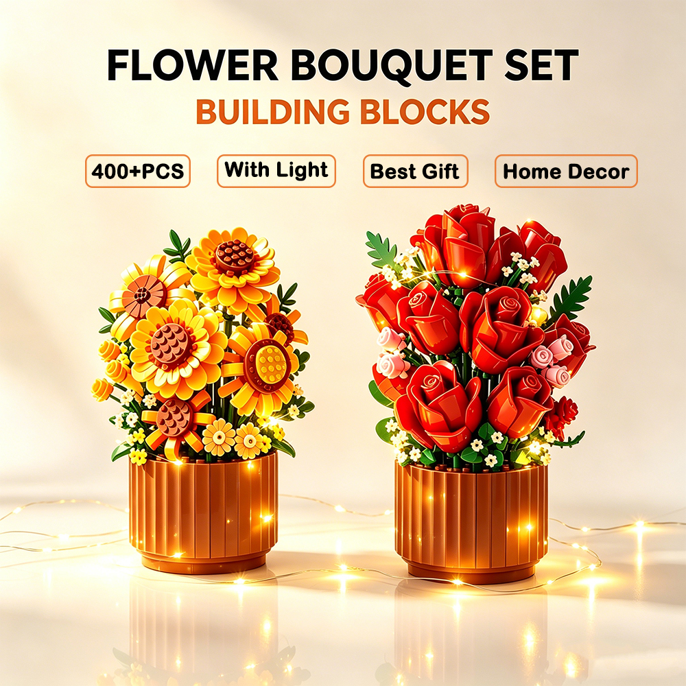 DIY Bouquet of Roses Sunflower Building Block Set Eternal Creative Puzzle Assembly Simulation rose Potted Ornament Home Decor
