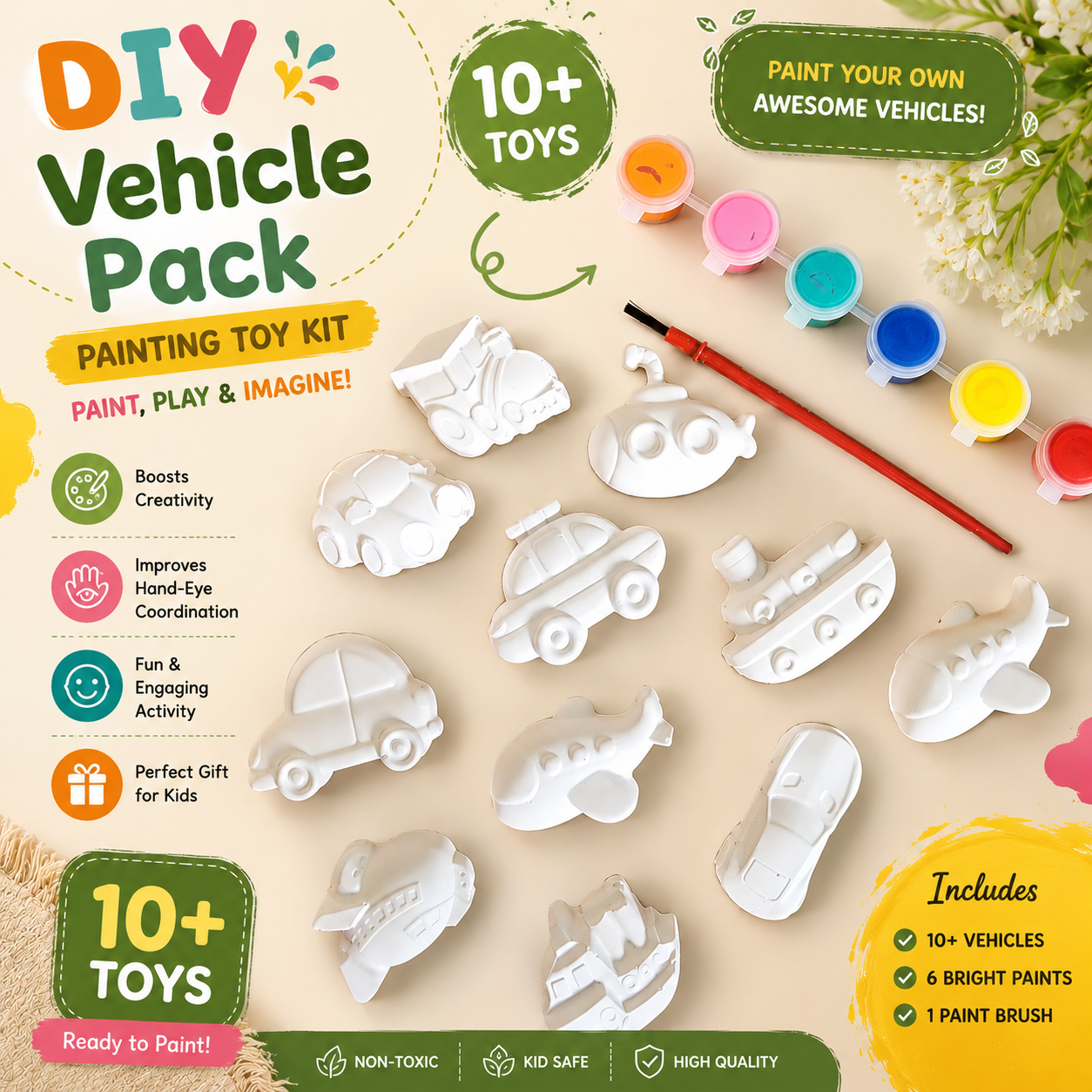 Kids Art and Craft Plaster Painting Set - 9 DIY Vehicle Shapes With Premium Acrylic Paints & Brush. Educational Creative Activity Toy For Children