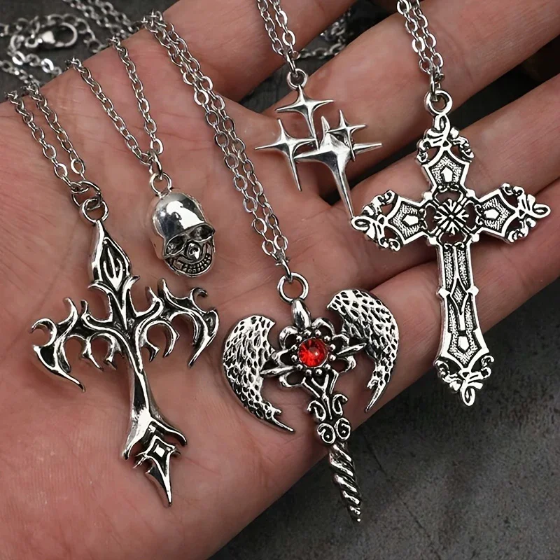 Y2K Gothic Punk Necklace For Men Women Vintage Cross Skull Star Pendant Hip Hop Streetwear Jewelry Daily 