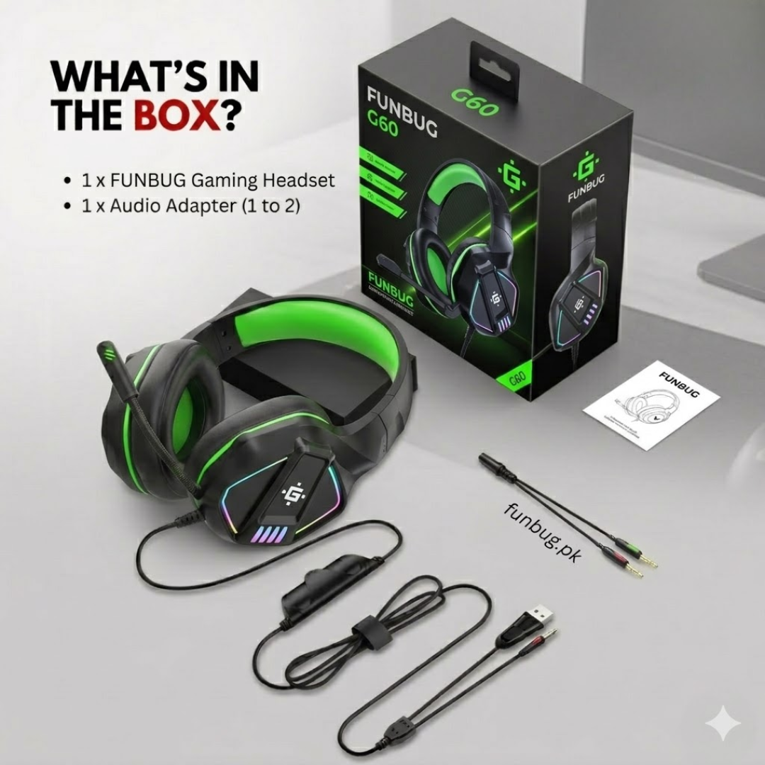 【Professional】 G60 Gaming Headphones Rgb with Mic for PC, Pubg Mobile, PS4, Laptop - 360 Surround Sound Super Bass Vibration Over the Ear Wired Head Phones Headset for Gaming with Noise Cancelling Micophone - By FunBug