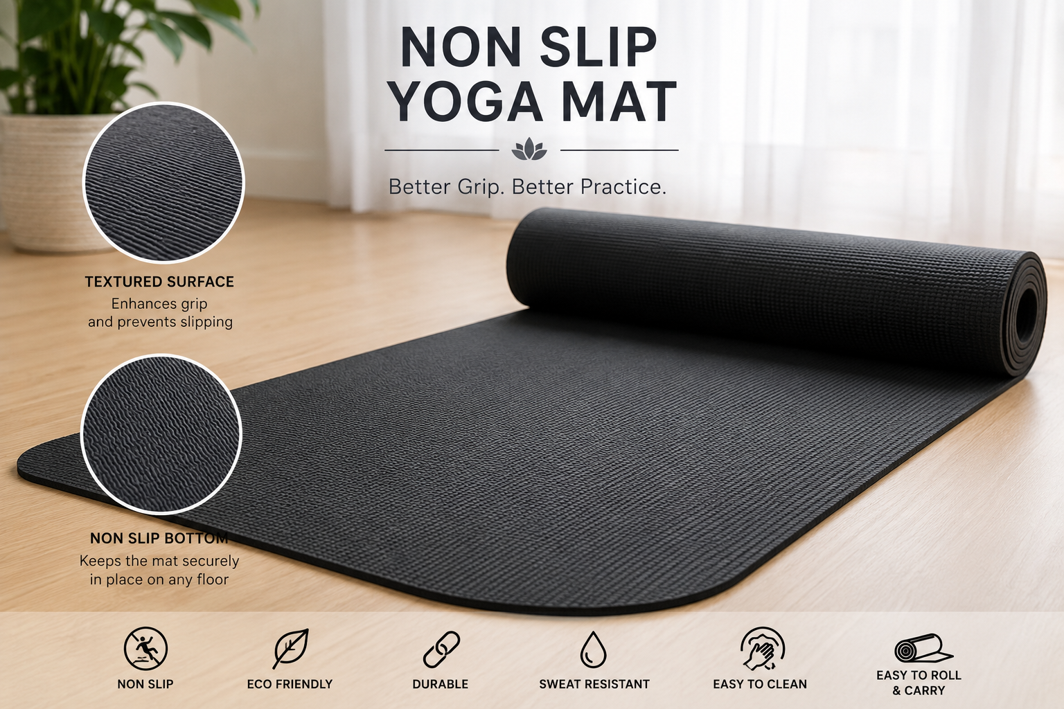 Long Non-slip Yoga Mat for Fitness, Hot Yoga, and Balance Training