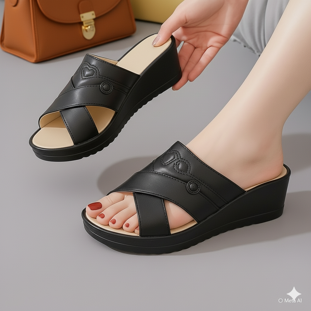Casual Wedge Slip-On Slides and Flip Flops Women Wedge Sandals in Rubber