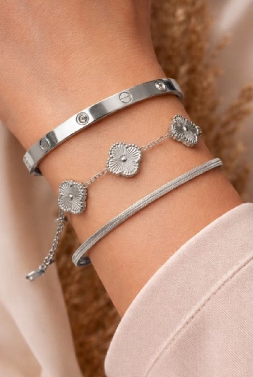 3 Pcs Stainless Steel Bracelet Set for Women – Gold & Silver Variants – Adjustable Chain, Flower Design & Crystal Bangle